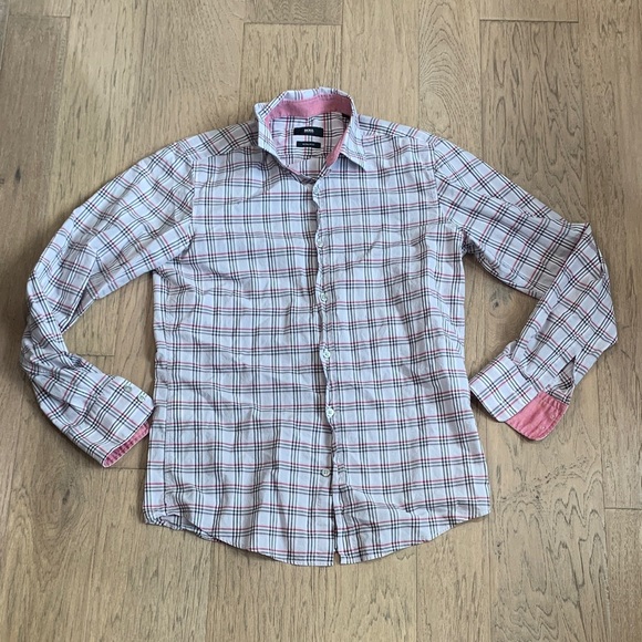 Hugo Boss Other - Hugo Boss Pink and White Plaid Button-Down Shirt Regular Fit Size Small